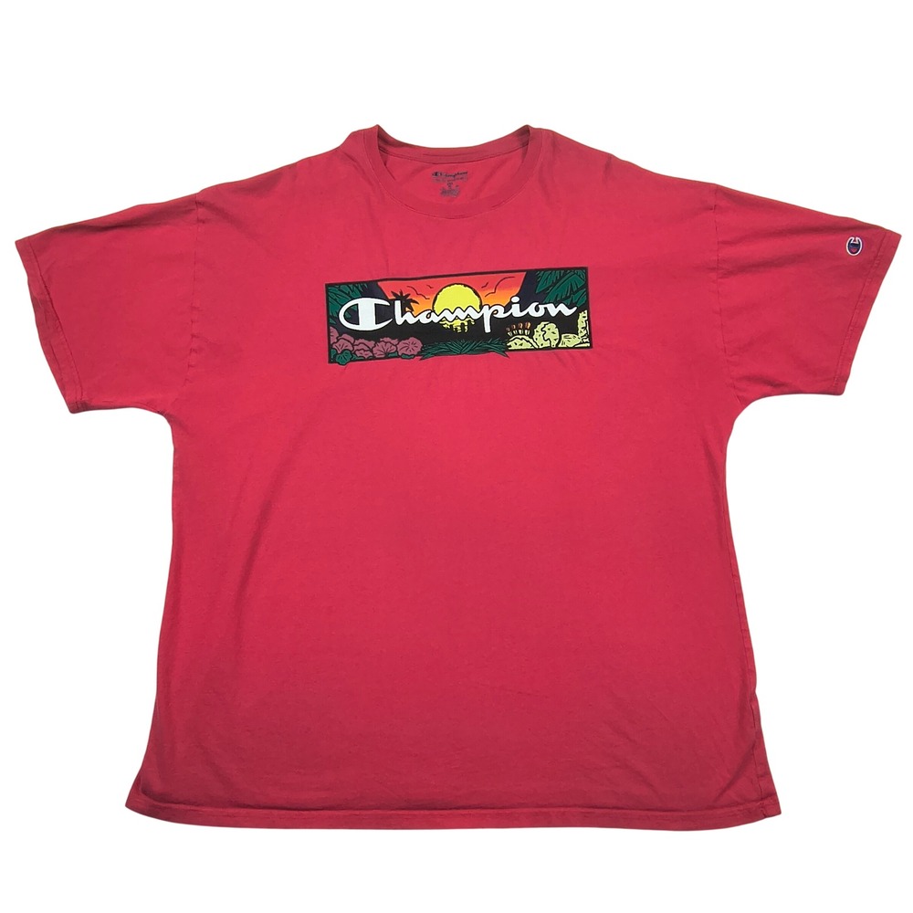 Champion Mens XXL Red Tropical Sunset Graphic T-Shirt Short Sleeve Authentic Tee